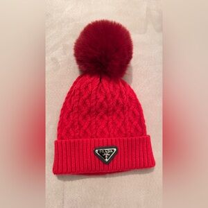 Prada Red Knit Hat with Pom-Pom